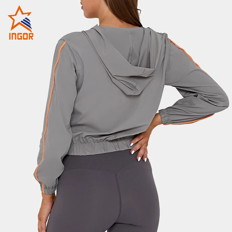 Ingor Sportswear Activewear Manufacturer Custom Women Zipper Hooded Contrast Trim Elastic Cropped Sports Jacket