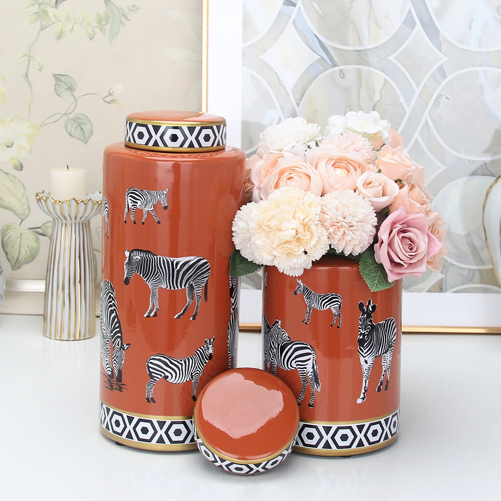 J021 Light Luxury Porcelain Crafts Vase Orange Zebra Pattern Storage Bottles Sets Ceramic Jar Container