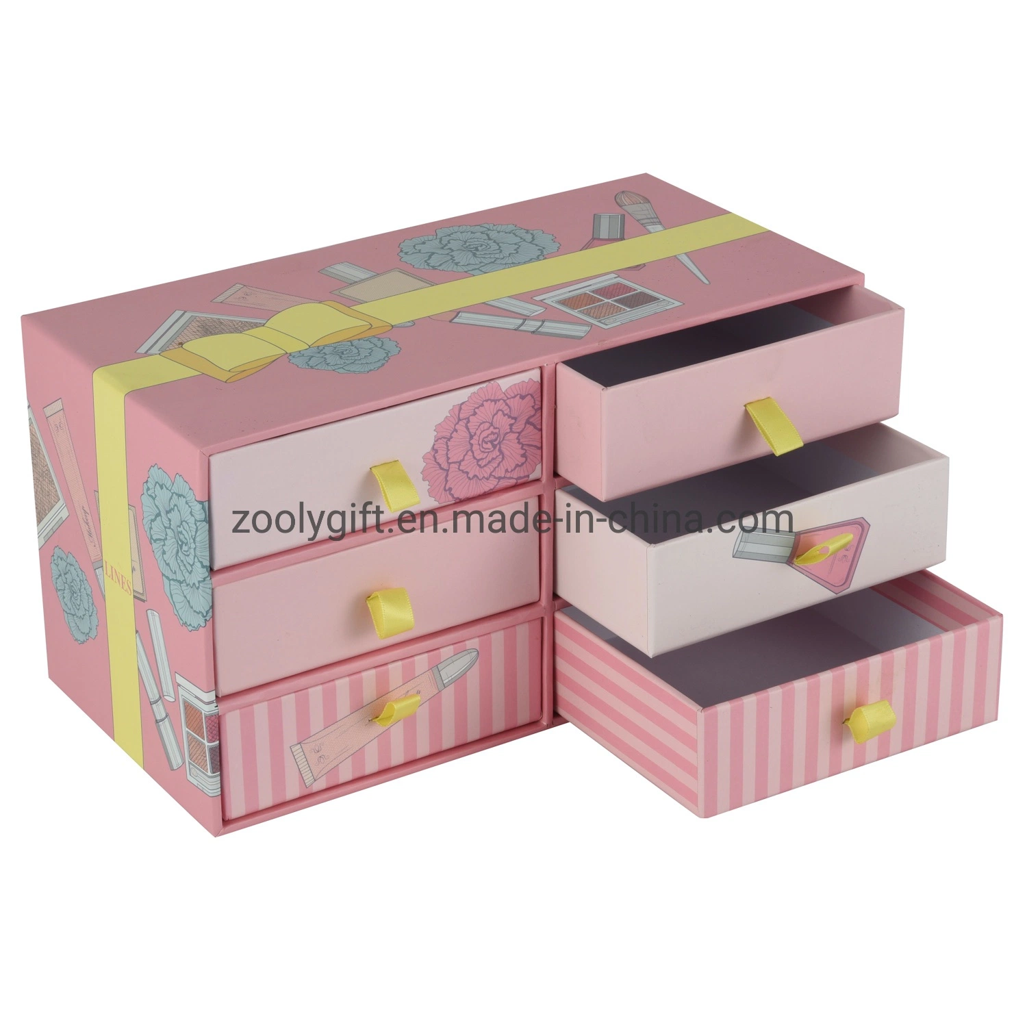 Customized Cosmetic Box with 6 Drawers Rigid Paper Drawer Box with Ribbon Makeup Organizer Storage Box Promotional Paper Gift Boxes Jewelry Drawer Box