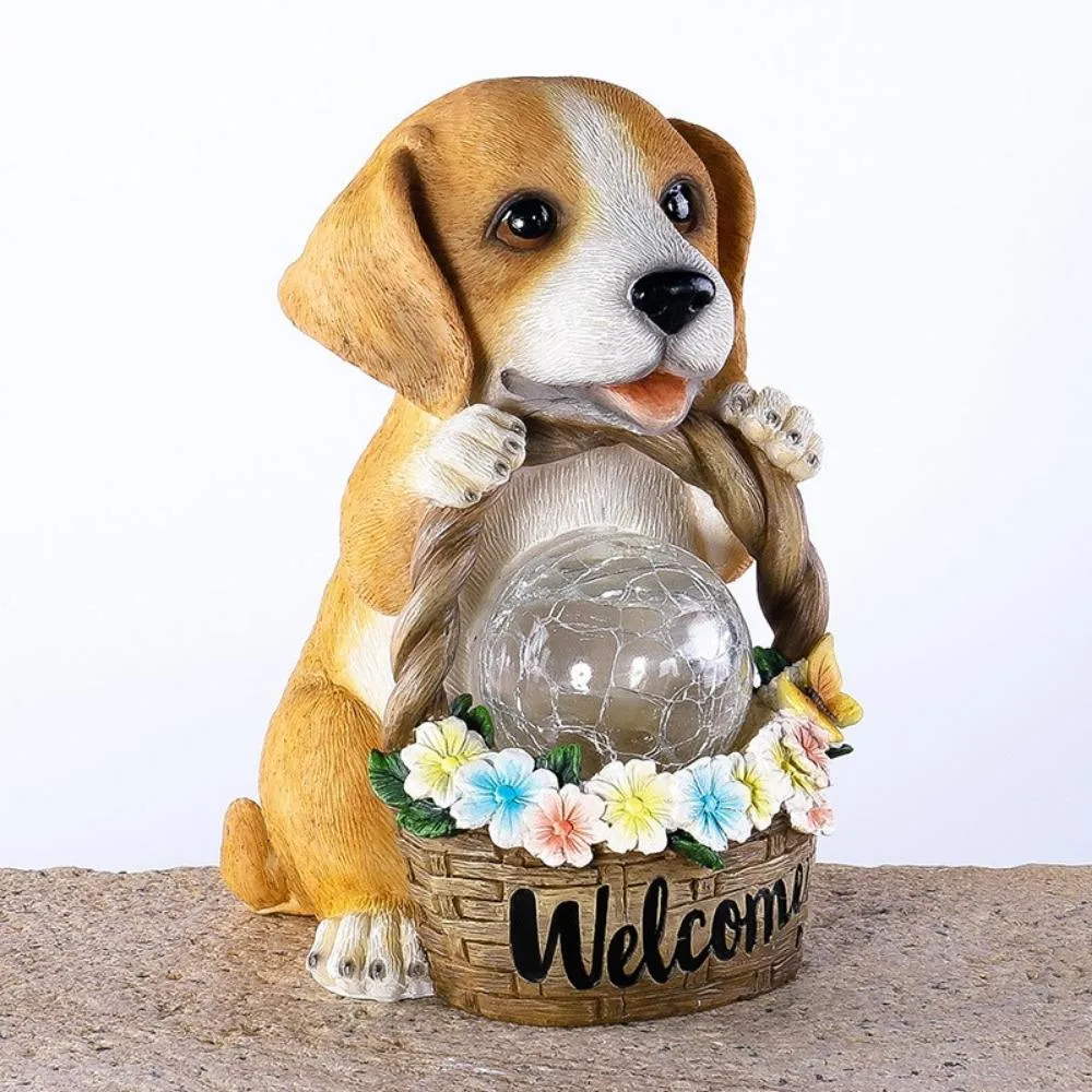 Welcome Puppy Dog Statue Decor Solar Waterproof Resin Puppy Sculptures Guest Greeter Outside Decor Housewarming Holiday Gifts Wyz20506