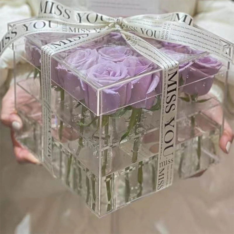 Factory Customized Square Clear Acrylic Flower Storage Boxes Acrylic Rose Gift Box