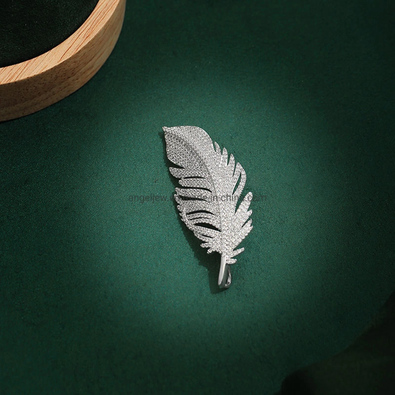 Fashion S925 Sterling Silver Feather Design Micro Setting Elegant Brooch for Girls