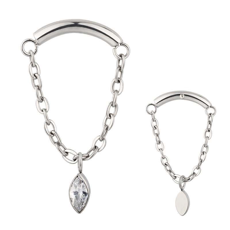 Corrente Earring nariz corpo Jóias Titanium Chain trava barra curva Com o anel de lábios central Marquise CZ