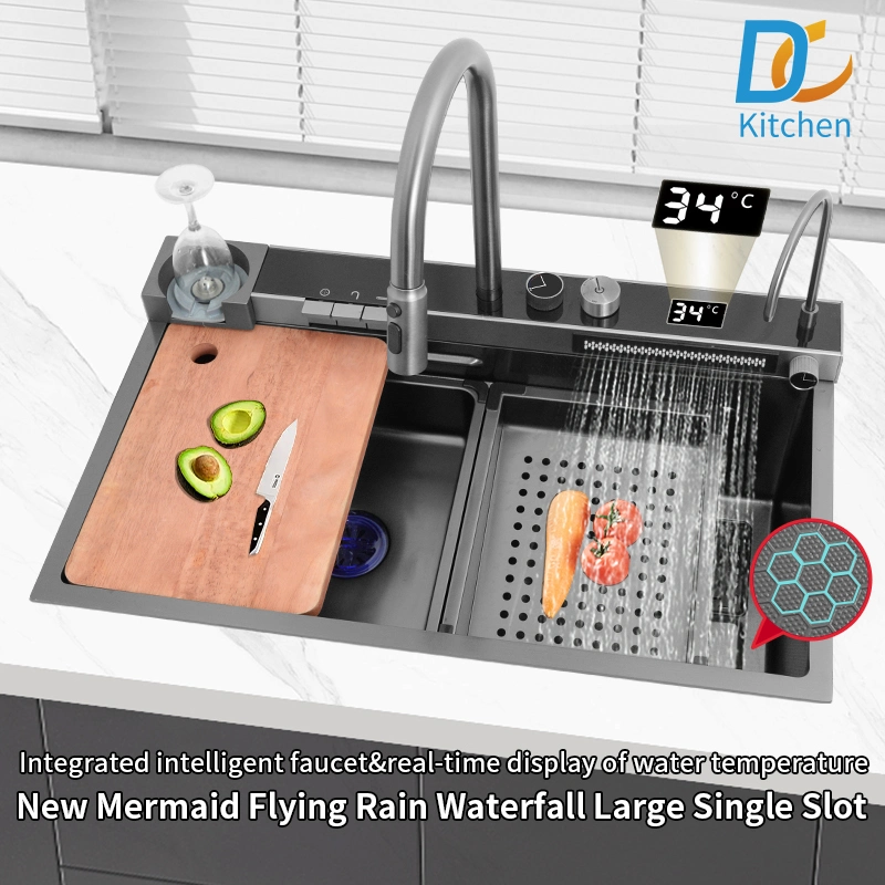 Digital Display Feiyu Waterfall Sink Nano 304 Stainless Steel Large Single Sink