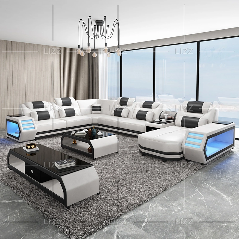 Promotion Event Functional Home Furniture Sectional LED Genuine Leather L Shape Sofa Furniture with Coffee Table