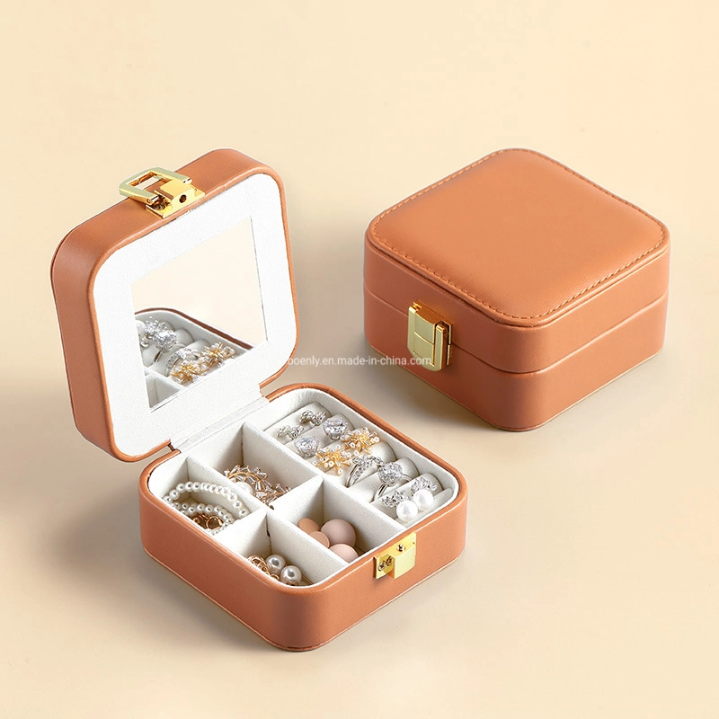 PU Leather Brown Jewelry Box Travel Jewelry Organizer Case Neclace Earring Storage Case