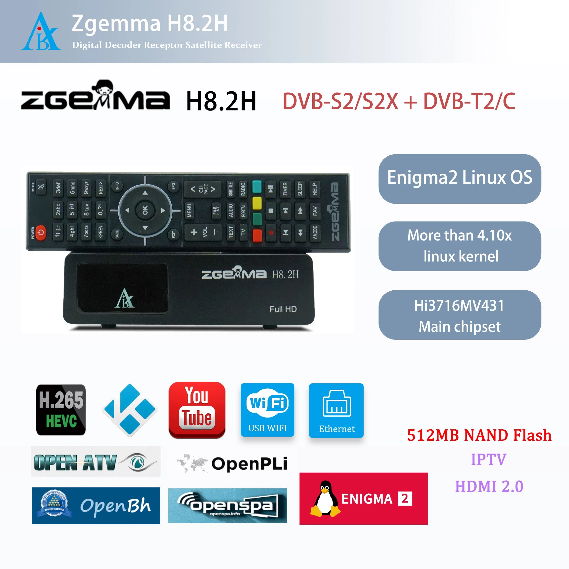 Zgemma H8.2h HD Satellite TV Receiver - Enigma2 Linux OS, DVB-S2X + DVB-T2/C Combo Tuner H. 265 Video Encoding TV Decoder