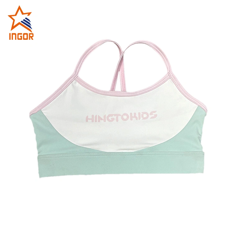 Ingorsports Vêtements pour enfants Imprimé en soie Logo Design de couleur contrastée Soutien-gorge et short avec deux poches latérales Maillots de bain pour enfants Vêtements de sport Vêtements de sport