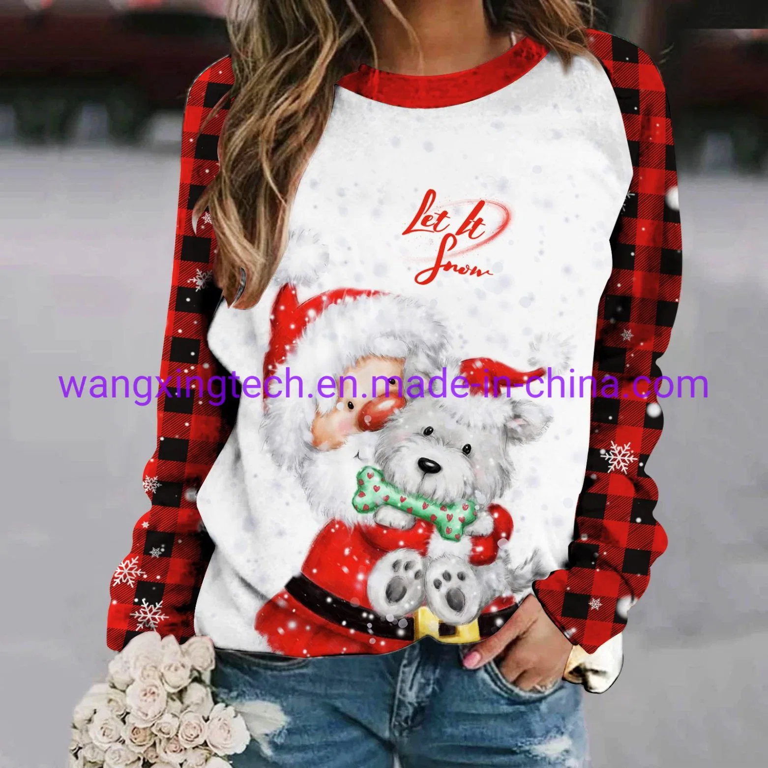 Mayorista 2022 Otoño Nuevo Digital impresión de Navidad Cartoon patrón Plaid Sudadera de cuello redondo para mujer