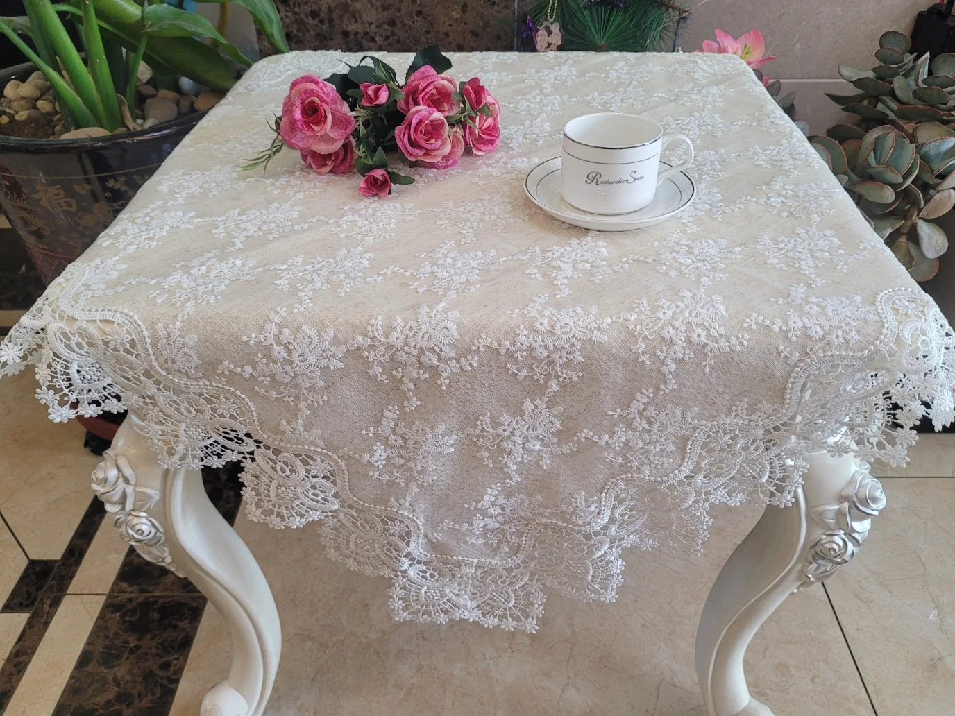 Chemical Lace with Linen Fabric Tablecloth 5118
