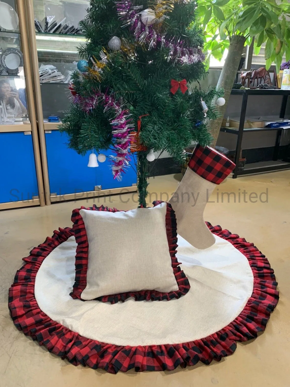 Sublimation Burlap Buffalo Plaid Ruffled Christmas Tree Skirt