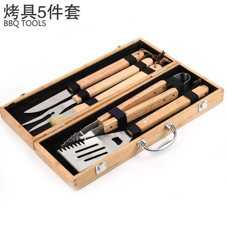 Reusable Stainless Steel and Wooden Barbecue Set with Wooden Box BBQ Grill Tools Biodegradable