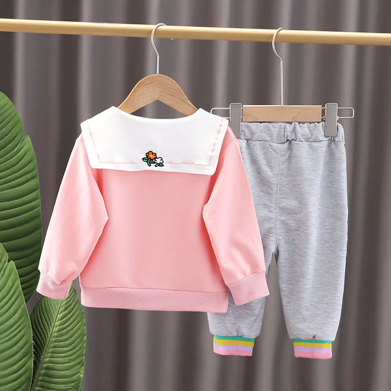 Children's Suit Female Small Children Cartoon Animal Big Flower Collar Top Rainbow Closure Trousers Spring and Autumn Female Baby Two-Piece Set