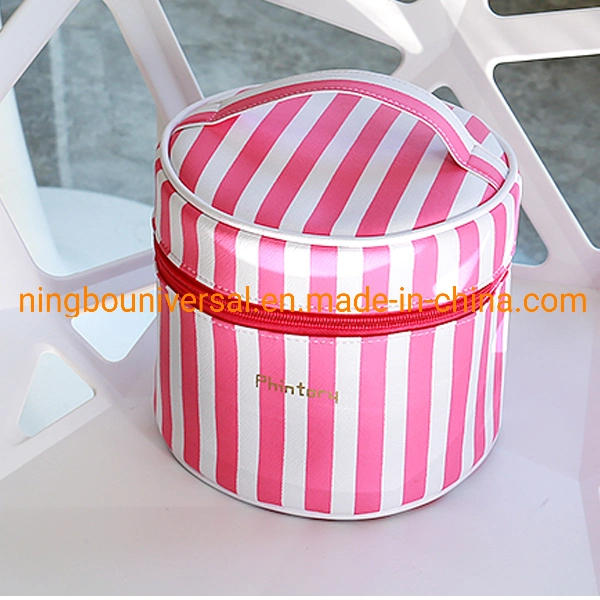 Women Pink PU Handle Travel Cylinder Round Cosmetic Bags Cases