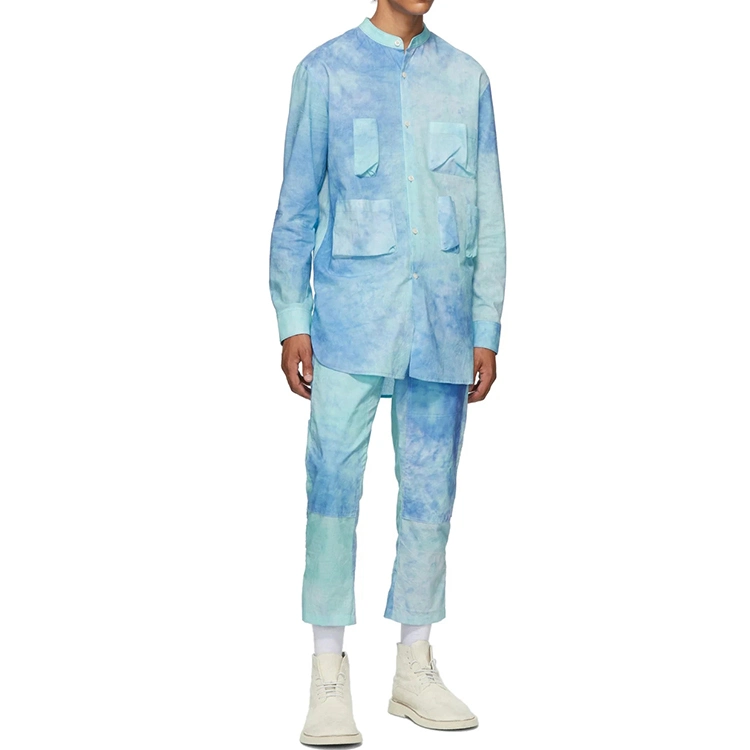 New Arrival Plus Size Sky Blue Tie Dye Printed Round Neck Long Sleeve Button Woven Shirt for Men