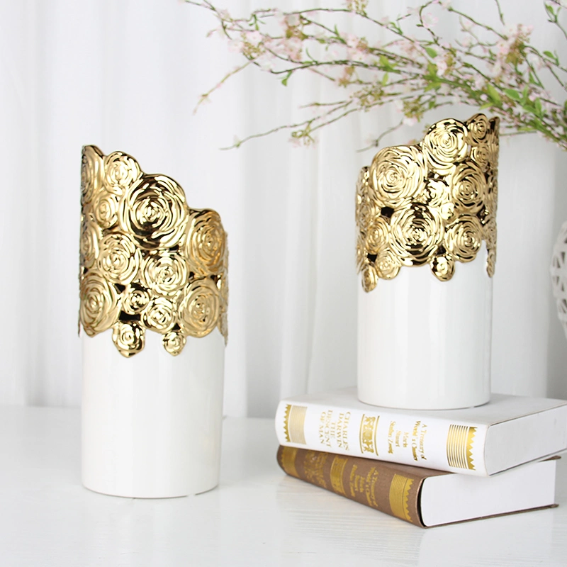 V132g moderno estilo Ceramic Gold Flower Vase Accesorios para el hogar decoración Macetas decorativas únicas para plantas