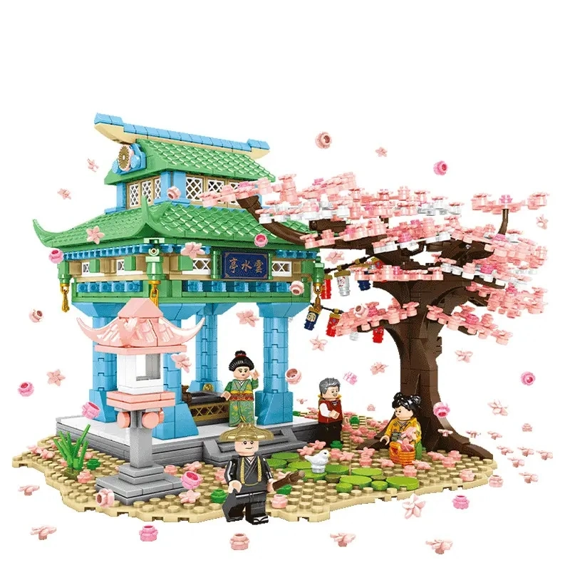 1106 PCS Colorful Children Creatively Simulated Plastic Street Building Blocks Kids Cherry Blossom Interesting Toys Pavilion Bricks