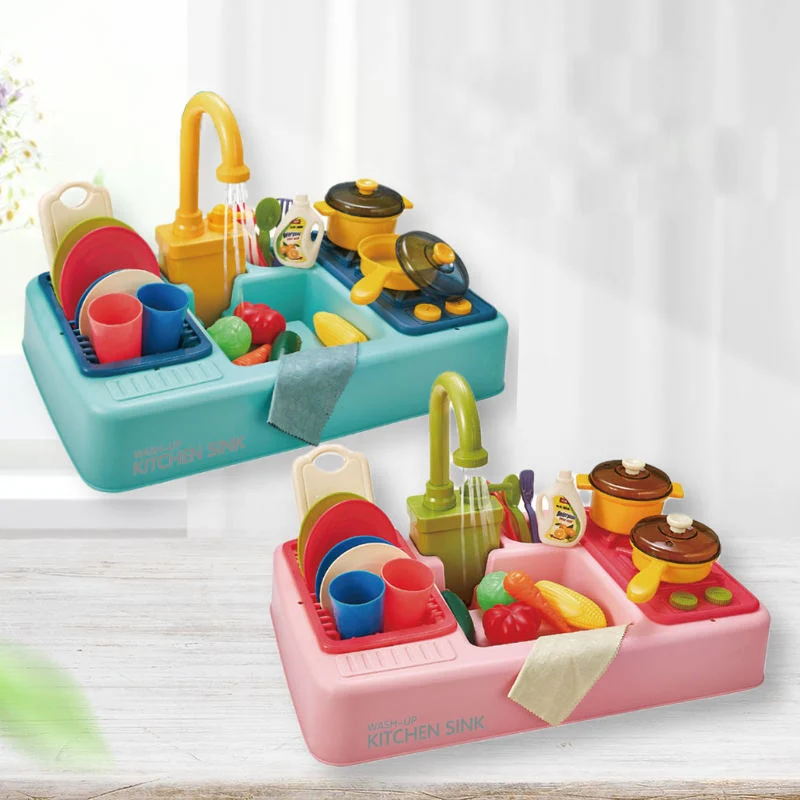 Vorgeben Rollenspiel Automatische Wasserkreislauf System Dish Rack Schneiden Essen Geschirr Zubehör Kinder Küchenspüle Spielzeug Echtes Wasser Spielzeug