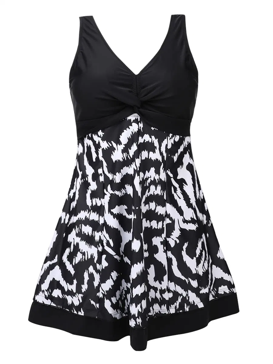 Ladies Plus Size Printing Padded High Waist Swim Dress