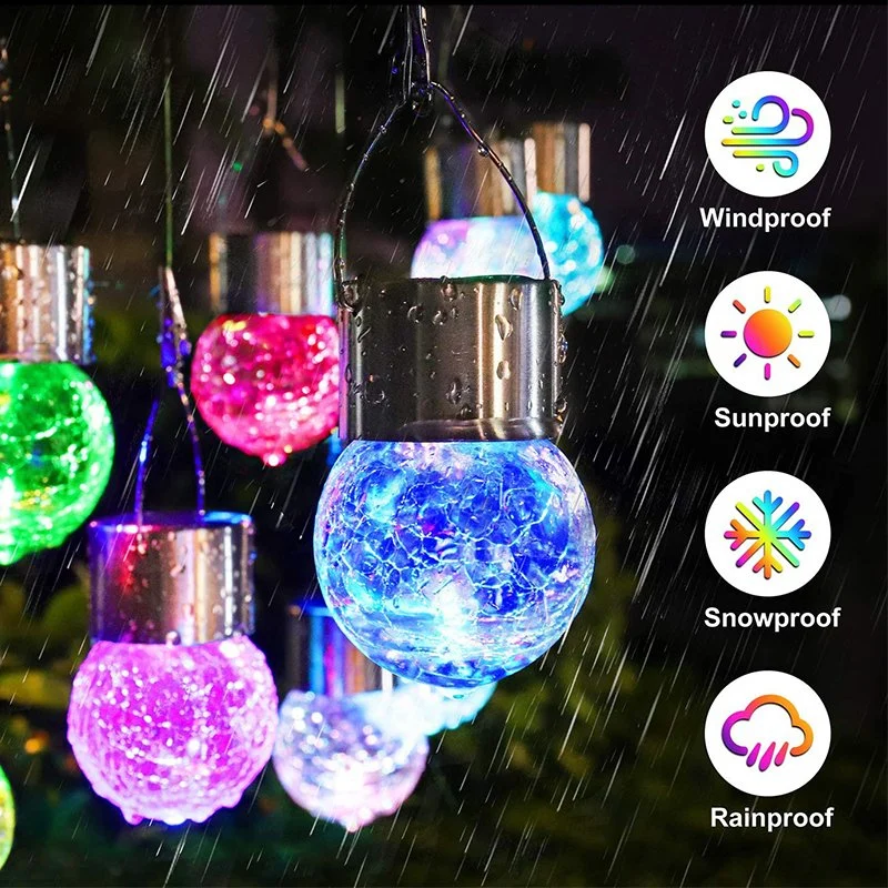 Brightenlux Venda a quente colorida decoração de suspensão para exterior à prova de água vidros rachados Luz de jardim solar em estilo bola