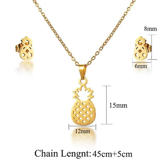 Baoyan Fashion 18K Gold Plated Fruit Pineapple Charms Pendant Earrings & Necklace Stainless Steel Jewelry Sets