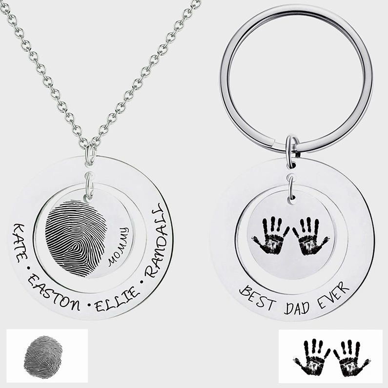 Double Silver Discs Custom Necklace Keychain Set Carved Fashion Jewellery