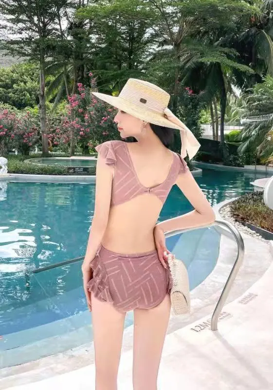 Female Two Piece Beachwear Pleated Swimsuit Sexy High Waist Bikini Set