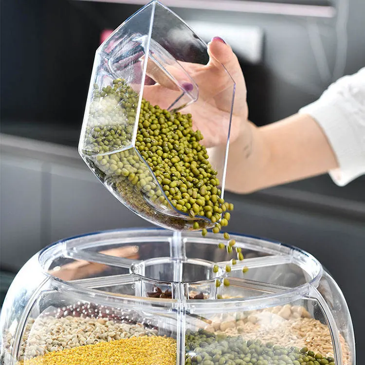 Rotating Dry Food Rice Dispenser 6-Grid Rotary Grain Buckets Rice Container Storager