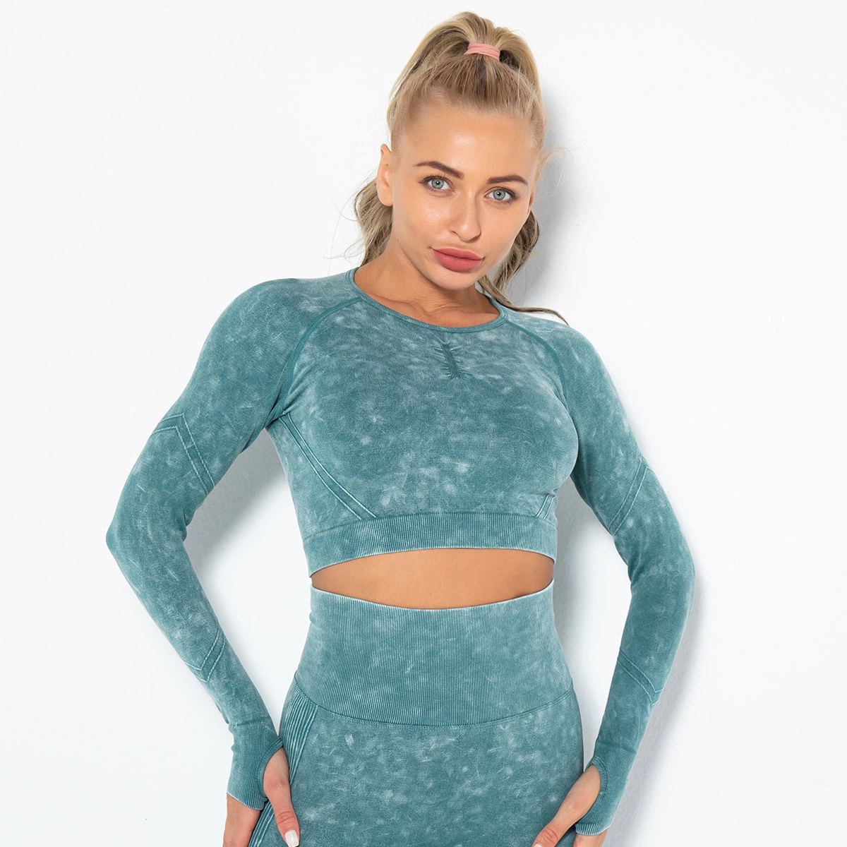 New-Arrival Two-Piece Sexy Workout Clothes Tight Washed Sports Running Long Sleeve Tops Yoga Wear