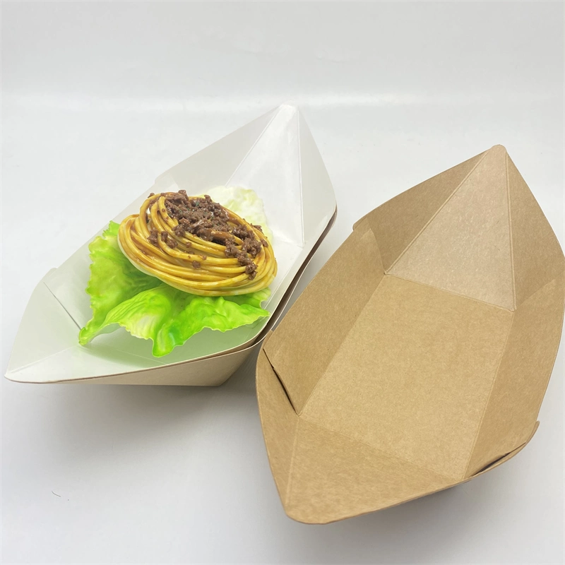 Customized Logo Printing, Disposable Kraft Paper Boat Box Container, Food Pallet for Takeout