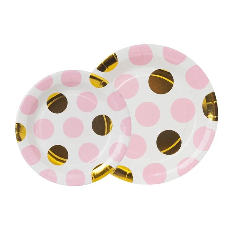 Gold Foil Pink Dots Disposable Tableware Paper Plate Cups Girls Birthday Weddings Party Decoration