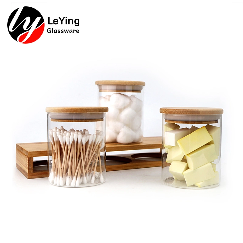 3 pedaços de vidro de conjunto de frascos de armazenamento de bambu tampa de madeira e base de garrafas de vidro