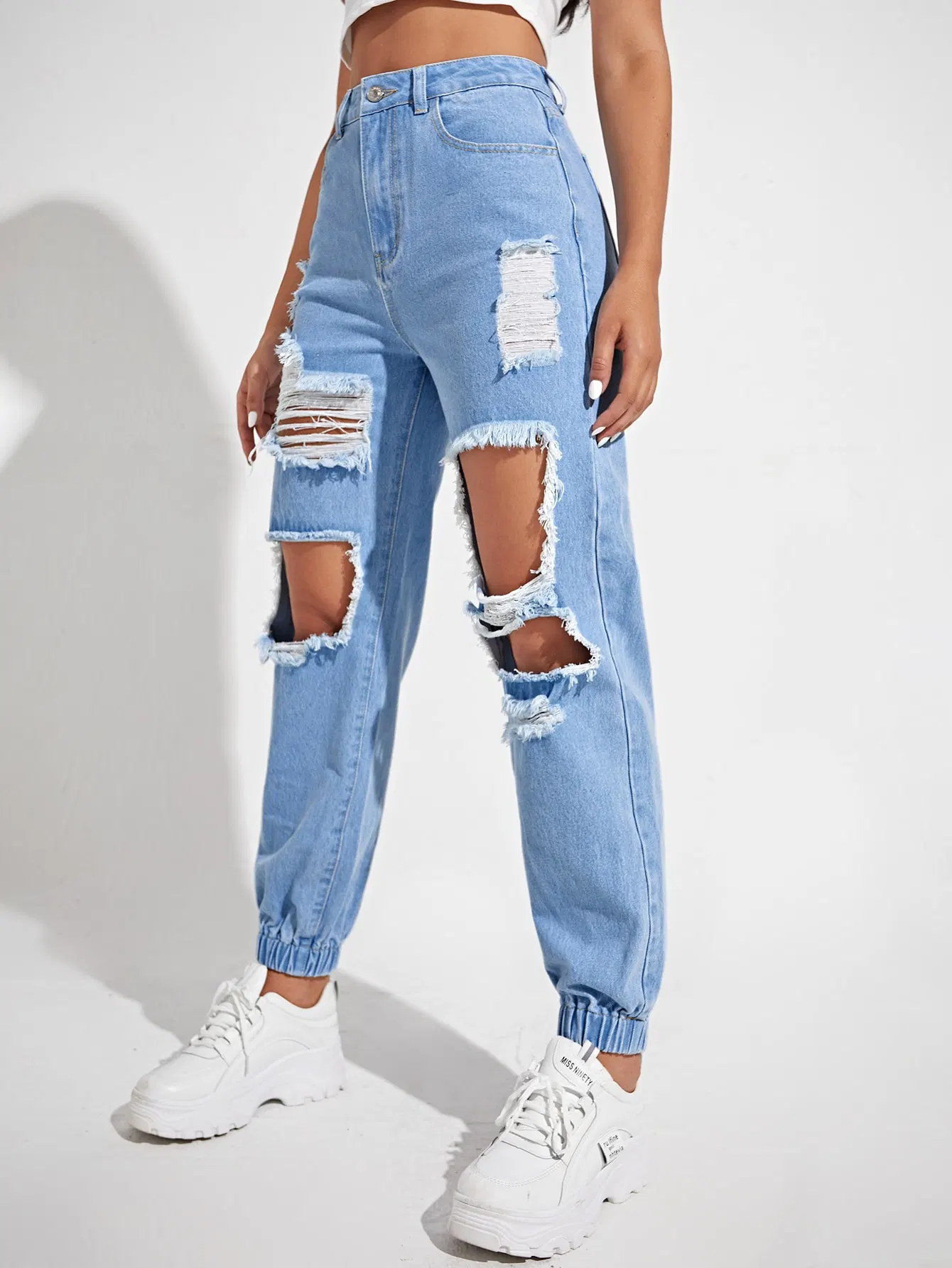 Hoch Taillierte Kratzlöcher Nicht-Stretch Qualität Elastan Unteren Saum Neu Fashion Lady Jeans Hellblaue Boyfrind Fit Jeans