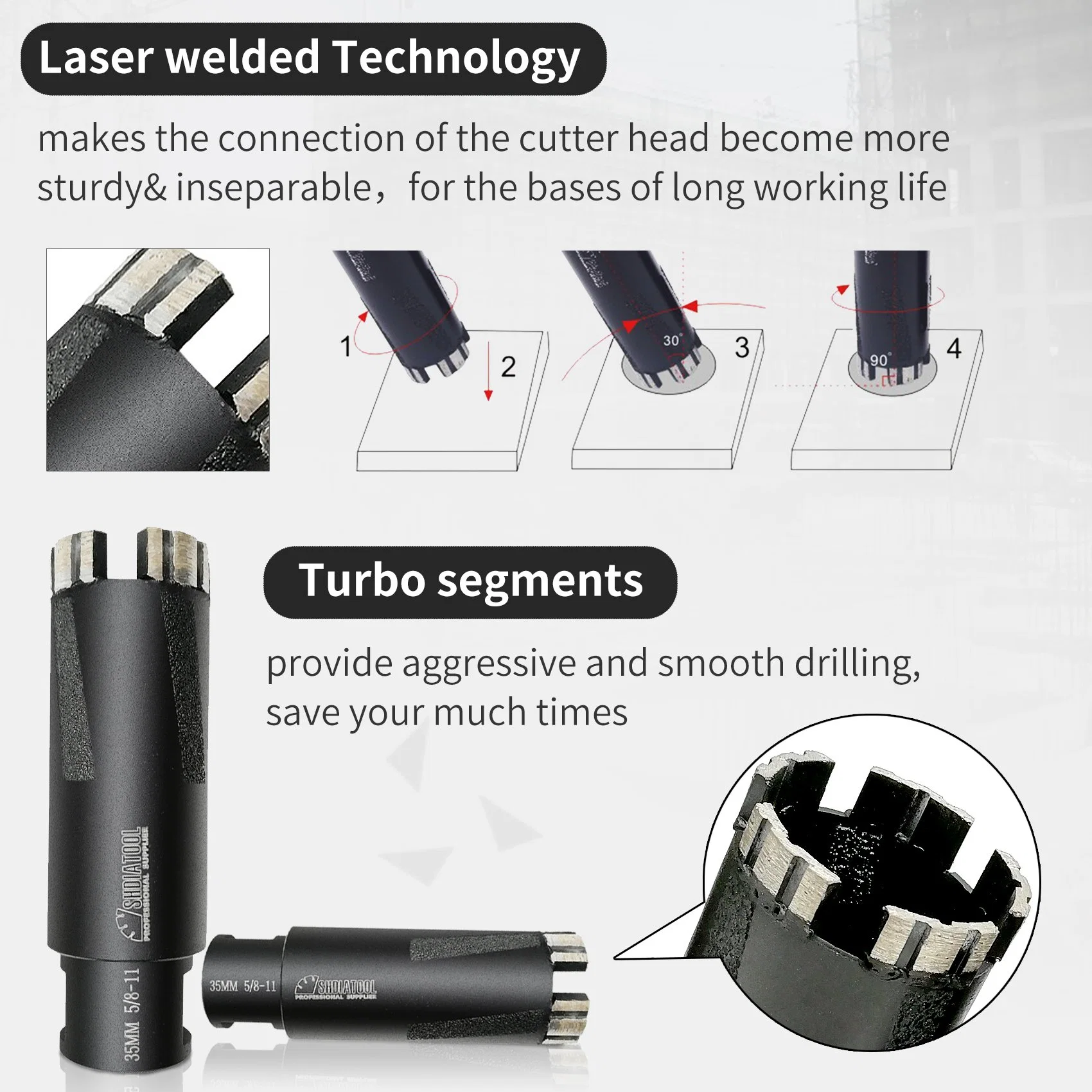 Thread 5/8-11 Grits #25/35 Laser Welded Core Drill Bits Hole Saw