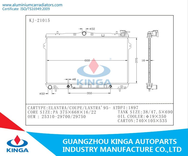 Radiador de coches piezas de repuesto Hyundai Elantra Coupé Lantra 1995 OEM 25310-29700