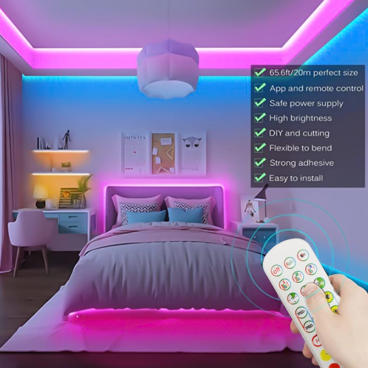 Vente chaude 12V 50ft 15M 5050 La synchronisation de musique de changement de couleur RVB App Remote Control Strip Light LED intelligent souple