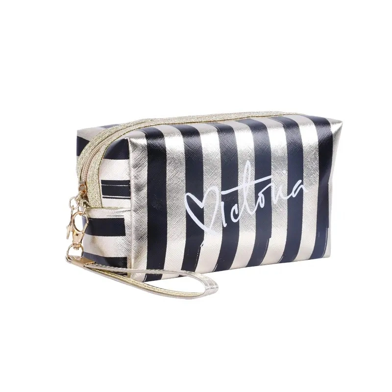 Customized Striped Waterproof Laser Cosmetic Bag Women Neceser Make up Storage Bag PVC Pouch Wash Toiletry Travel Organizer Case