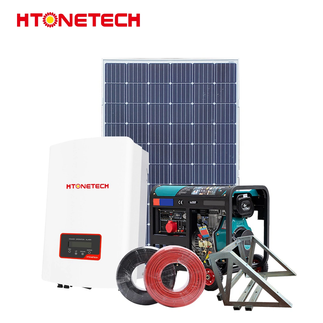 Htonetech 12V Monocrystalline Solar Panel Manufacturers Solar System 6kw Hybrid Inverter China 10000 Watts Solar Power System with 15 Kw 60Hz Diesel Generator