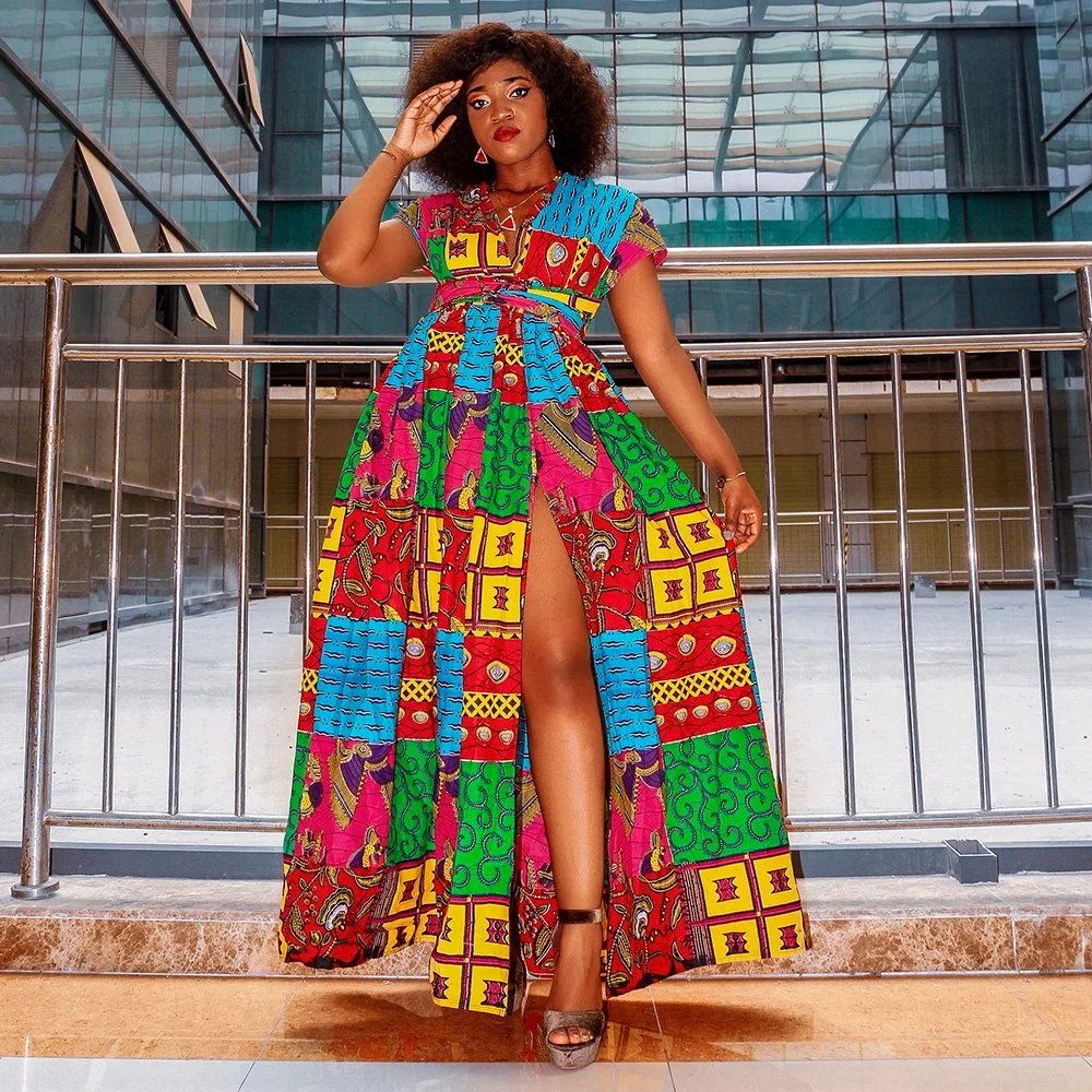 2021 Robe Maxi en Coton 100% Personnalisée de Mode en Gros avec Motifs Kitenge Africains Grande Taille Épaules Dénudées pour Femmes