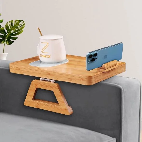 Bamboo Sofa Tray Table Clip on Side Table Couch Arm with Phone Holder