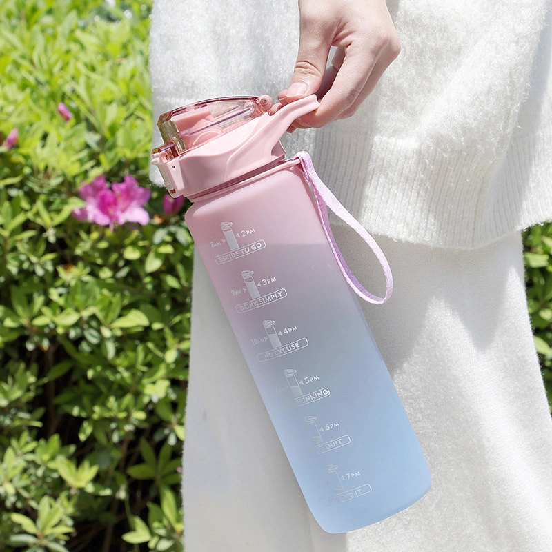 Graduated Plastic Color Coating Large Water Bottle with Motivational Time Marker with Straw