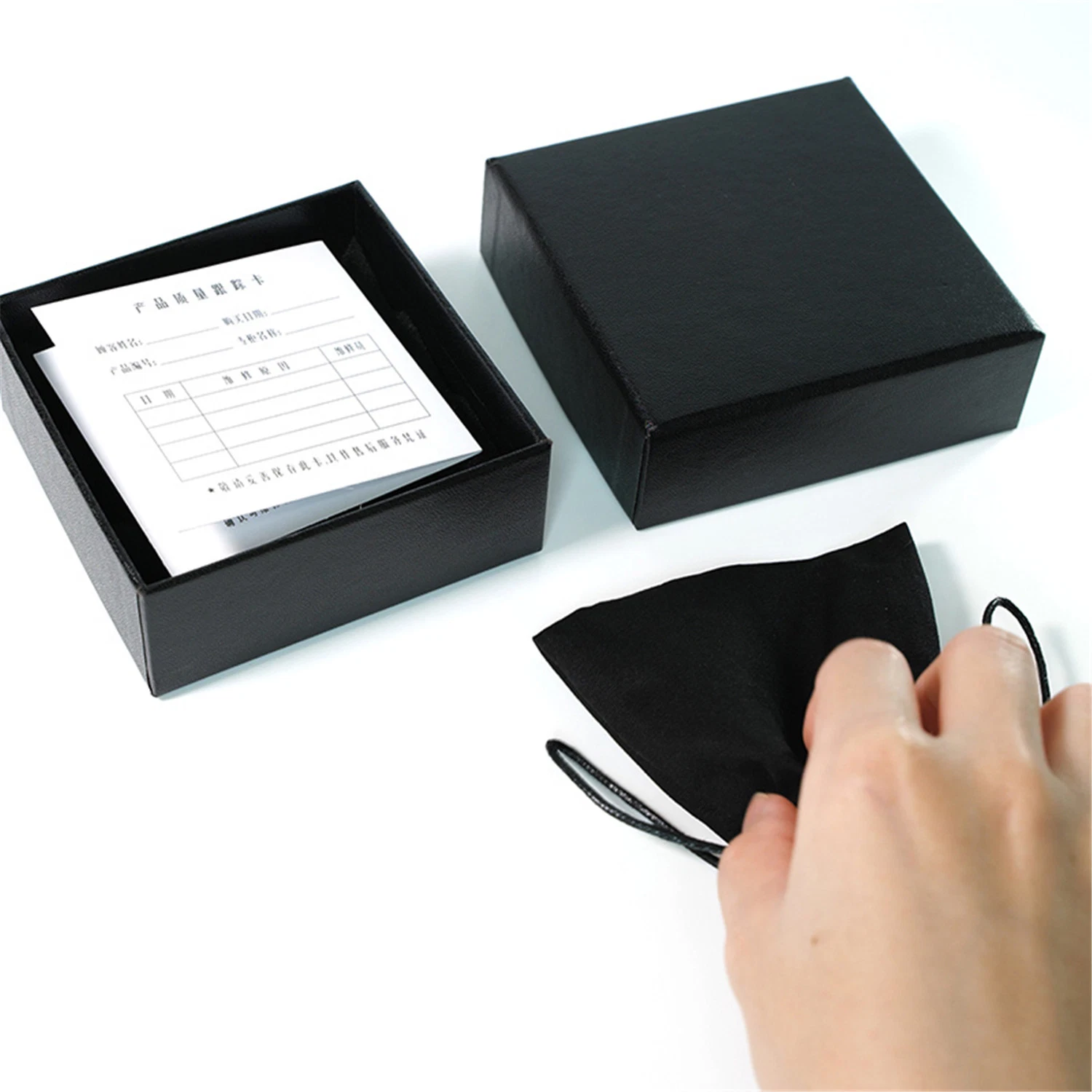 Black Leatherette Paper Gift Box Foam Insert Paper Card Drawstring Bag