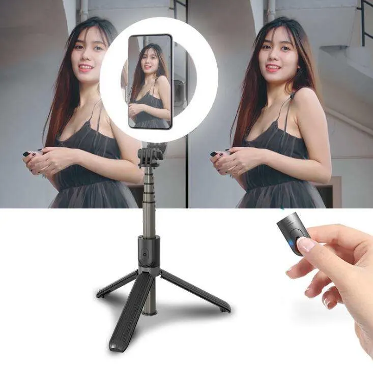 L07 Selfie Stick Foldable Handheld Remote Shutter Tripod with 5" LED Ring Photography Light