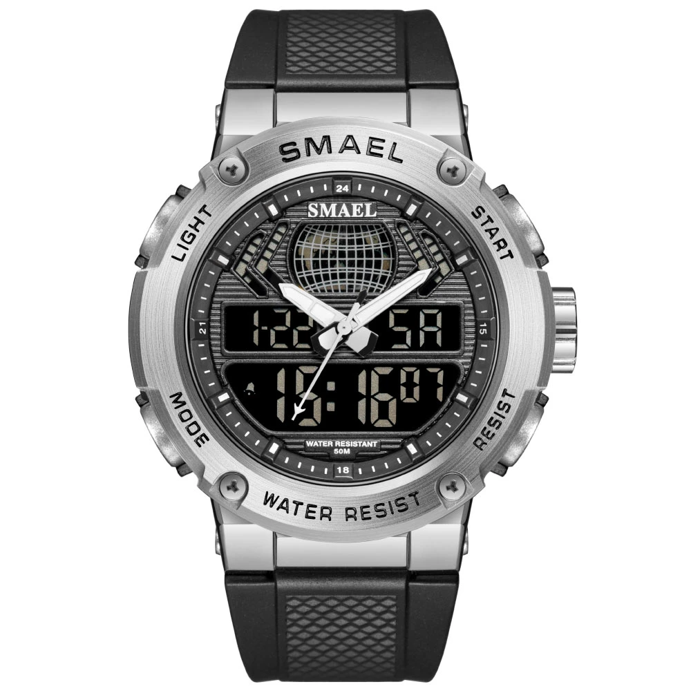 Silver Sports Leisure Alloy Dual Display Electronic Dual Time Digital and Analog Watches for Men