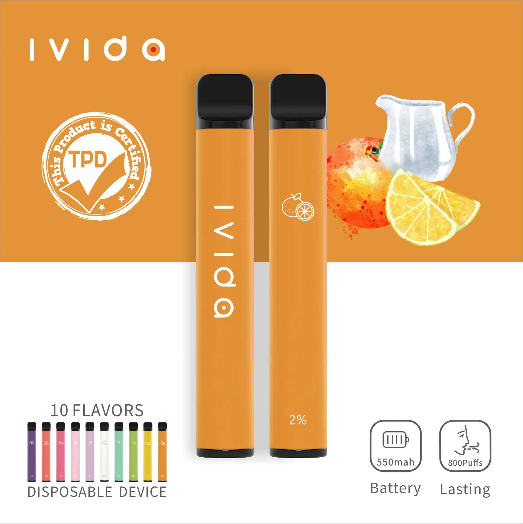 2023 Hot Vape Ivida Wholesale/Supplier Price 600 Puffs 2ml Tpd 	Disposable/Chargeable Flavor Vape