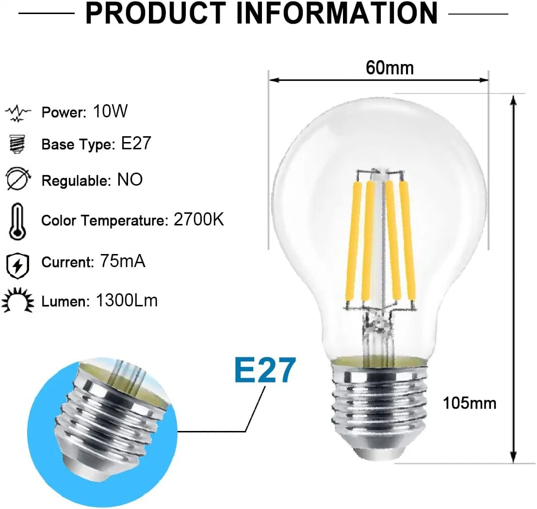 Halolite 10W E27 A60 Edison bombilla LED Lámpara de ahorro de energía regulación clara