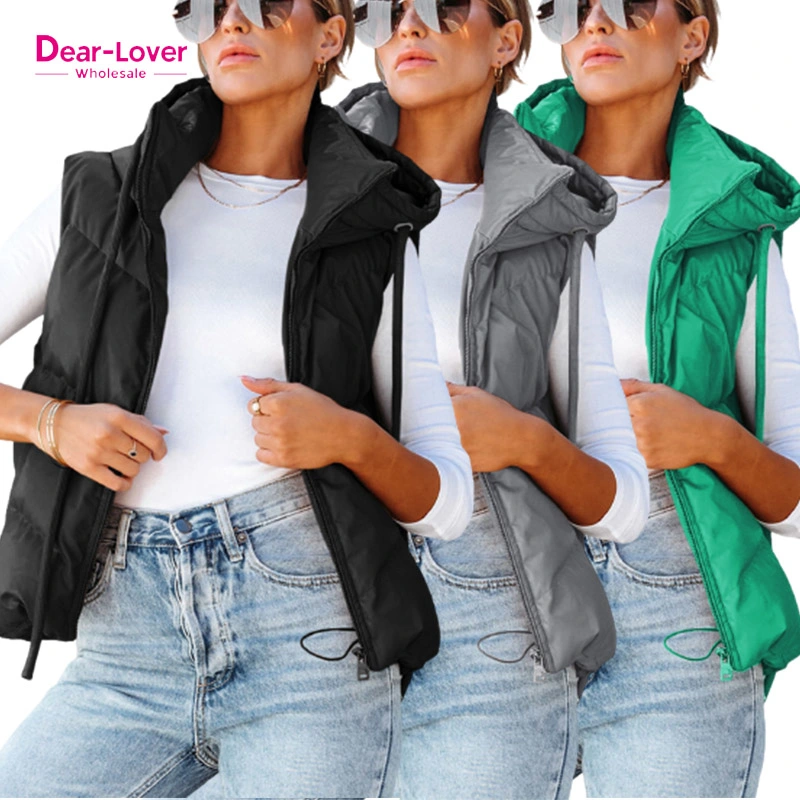 Dear-Lover Garment Wholesale Winter Hooded Sleeveless Women Puffer Vest Faux Leather Jacket