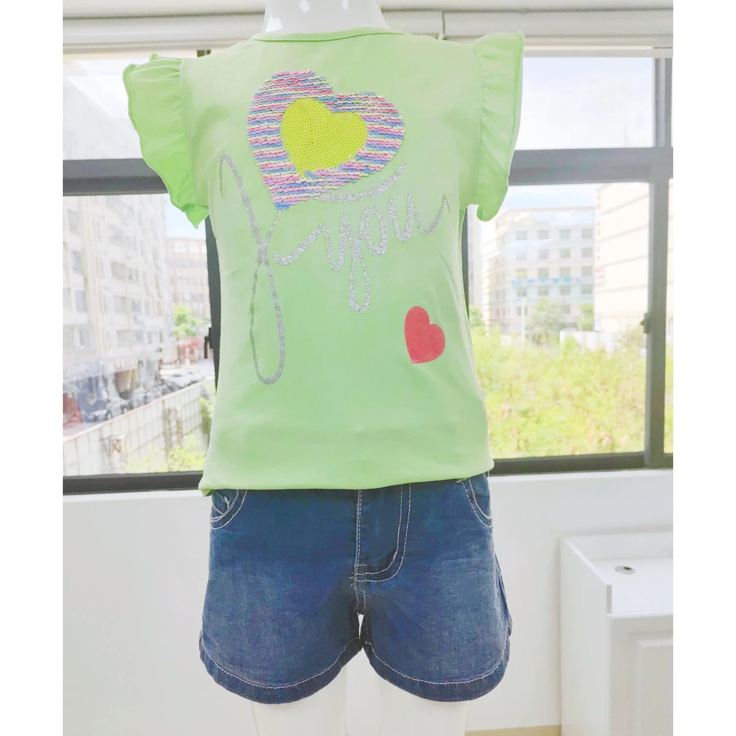 2022 Summer Children&prime; S Vest Suit Cotton Girls Short-Sleeved + Denim Shorts Korean Version Girls&prime; Short-Sleeved Children&prime; S Clothing