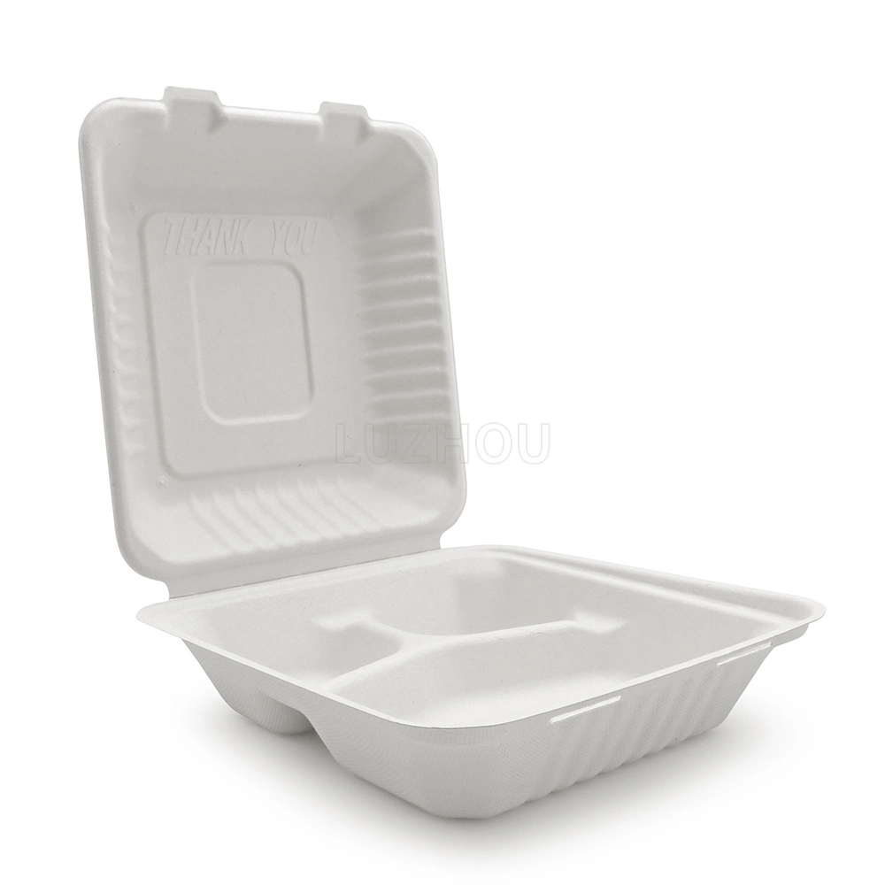 221*202*76mm 1000ml 8'' 3-Compartment Food Container Biodegradable Compostable Disposable Sugarcane Bagasse Pulp Lunch Box