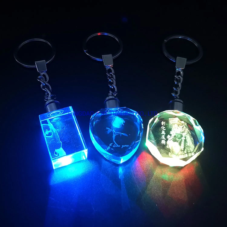 LED 3D Laser Key Chain Crystal Key Ring